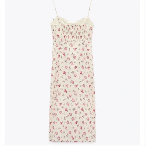 ZARA LINEN FLORAL BUSTIER EYELET SMOCKED BACK FULLY LINED MIDI DRESS - Picture 12 of 14